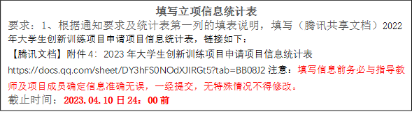 填写立项信息统计表要求：1、根据通知要求及统计表第一列的填表说明，填写（腾讯共享文档）2022年大学生创新训练项目申请项目信息统计表，链接如下：【腾讯文档】附件4：2023年大学生创新训练项目申请项目信息统计表//docs.qq.com/sheet/DY3hFS0NOdXJIRGt5?tab=BB08J2注意：填写信息前务必与指导教师及项目成员确定信息准确无误，一经提交，无特殊情况不得修改。截止时间：2023.04.10日24：00前